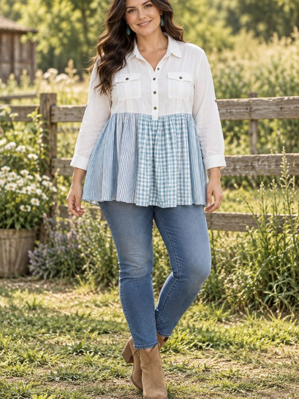 Shari B. Green Upcycled Tunic L Blue White Lagenlook Cottagecore Artsy Brunch